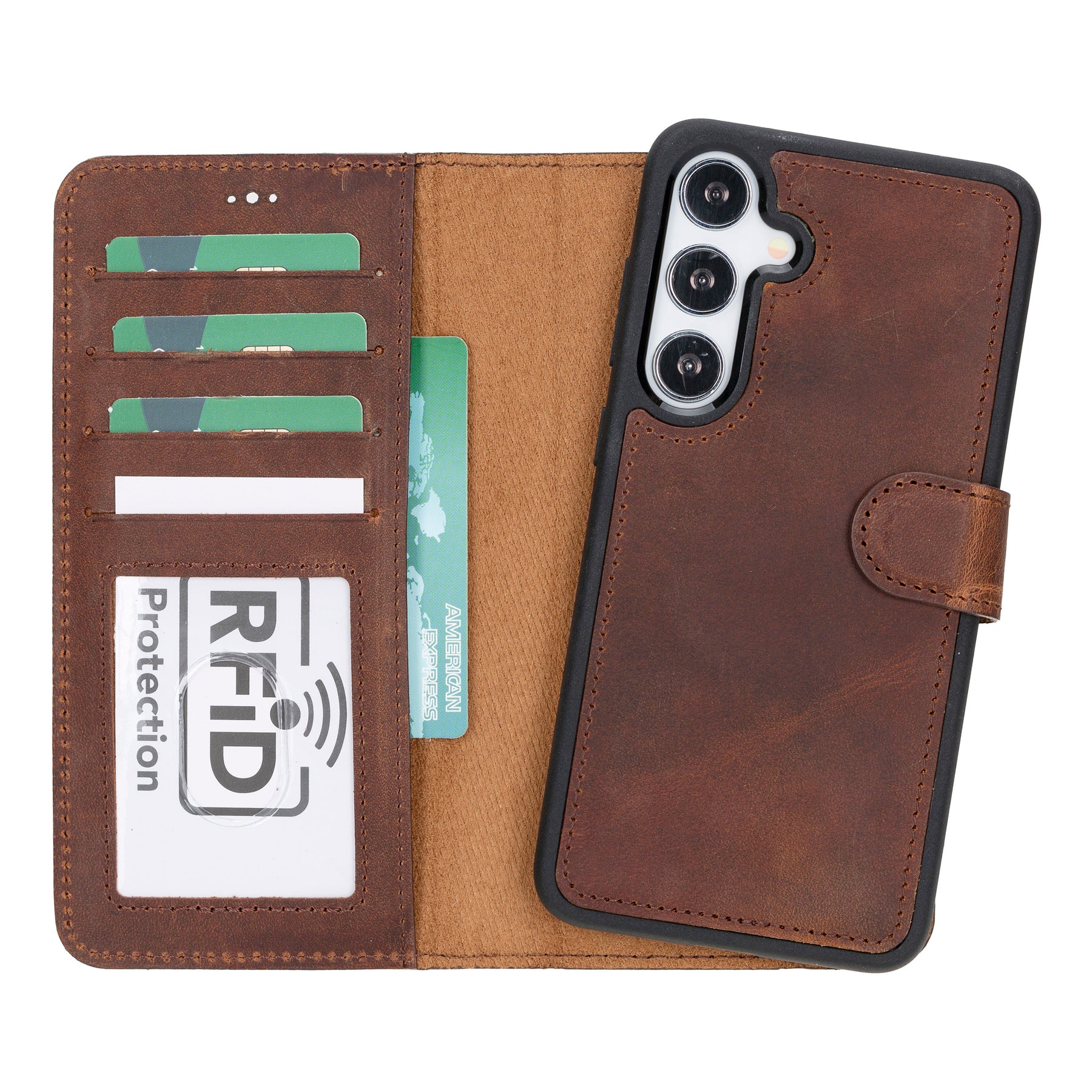 Magische Samsung Galaxy S24-Serie, abnehmbare Echtleder-Brieftaschenhülle – MW