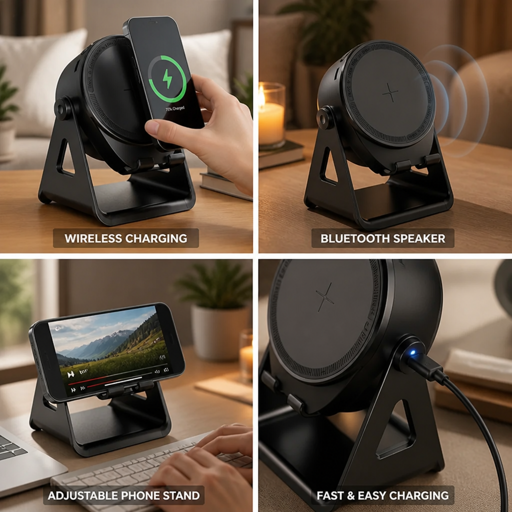 Bluetooth speaker met smartphone rechtop in de telefoonhouder
