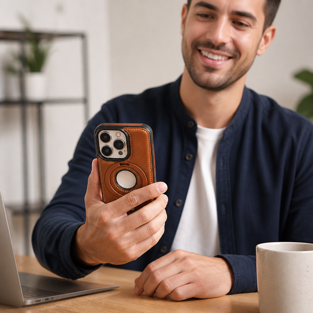 iPhone-hoesje van kunstleer met verhoogde rand voor bescherming