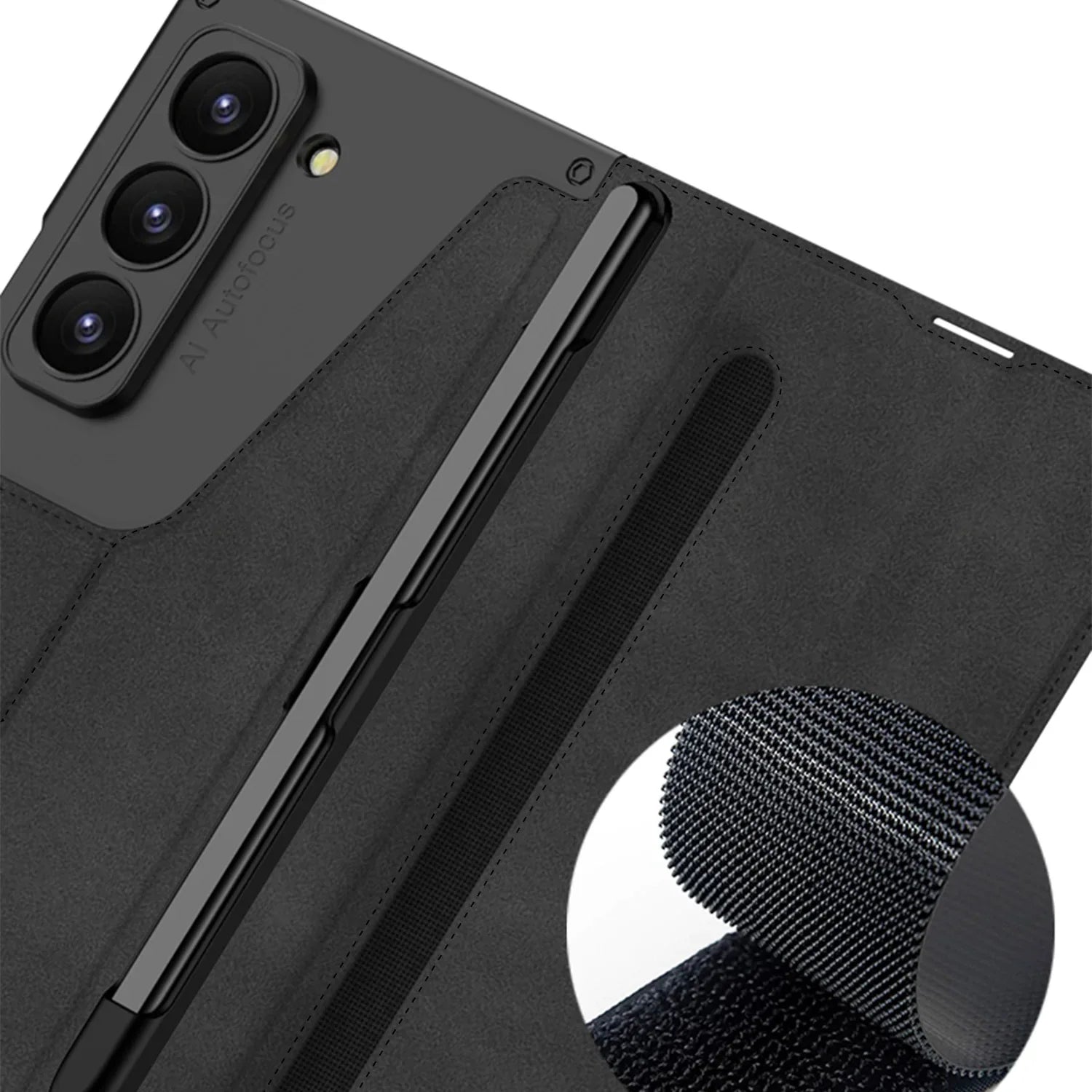 Lerenlook hoesje om een Galaxy Z Fold 6 met gesloten klep