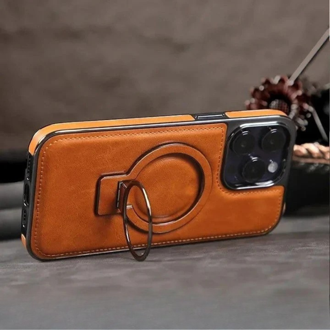 Detail van de leren look en strakke afwerking van het iPhone hoesje